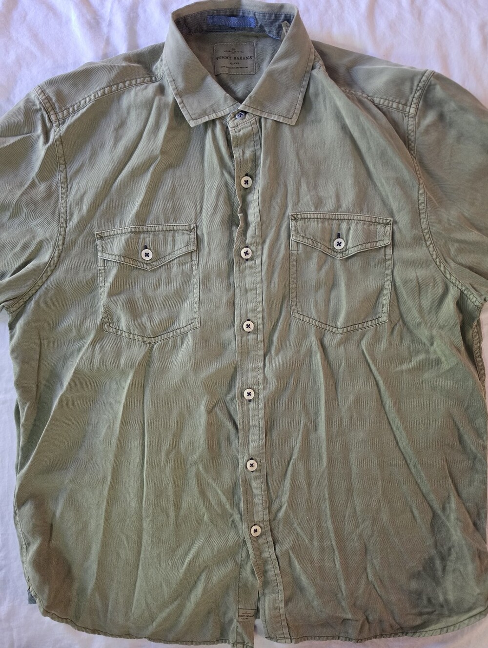 Tommy Bahama Jeans Men’s Large Olive Green Tencel Cotton Short Sleeve Shirt